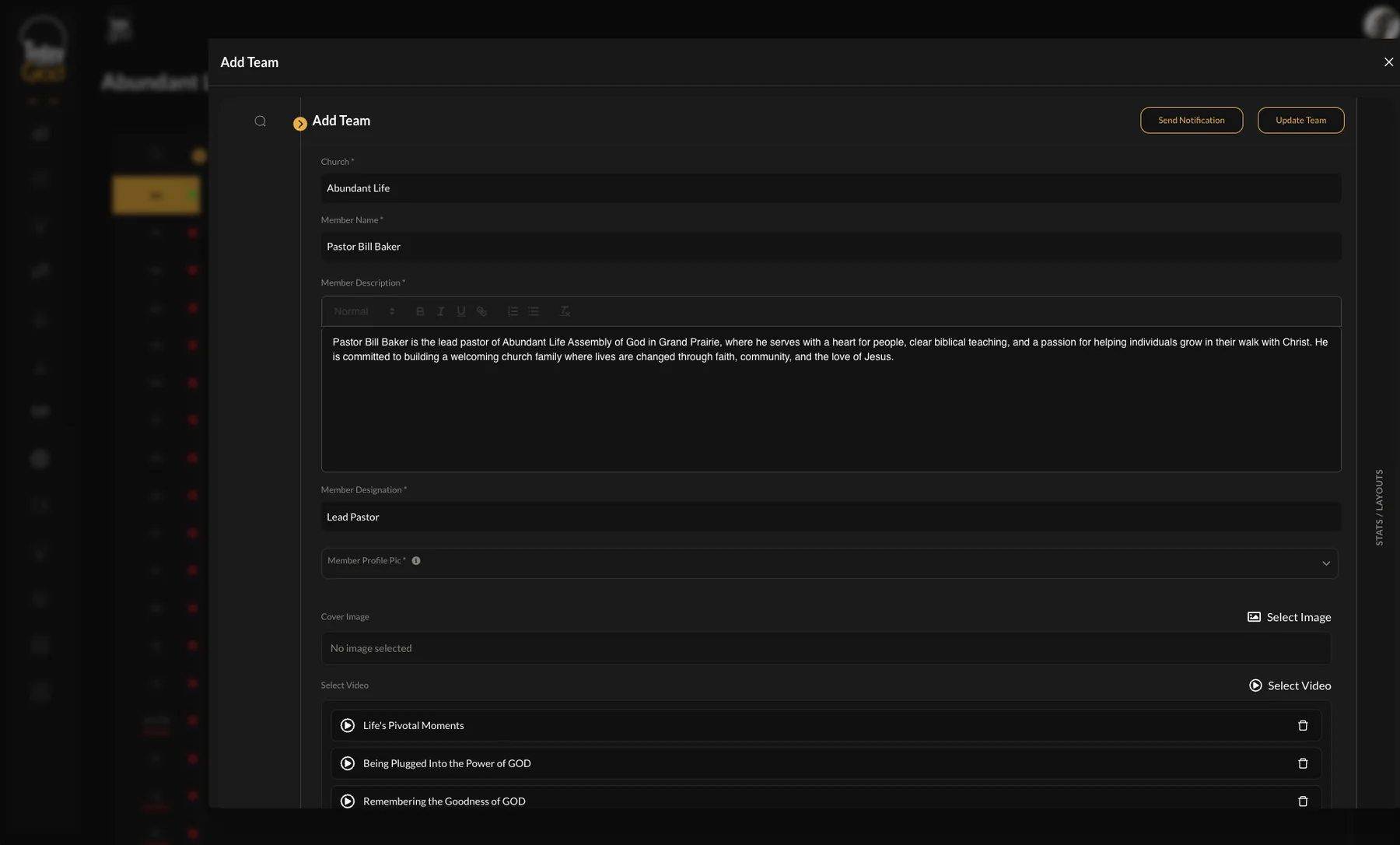 Add Team form in the Today With God CMS