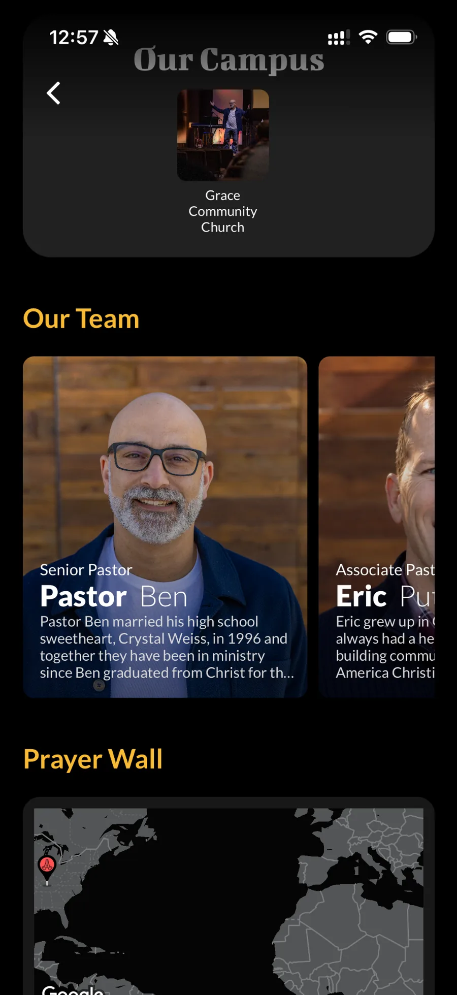 Our Team presentation in the mobile app