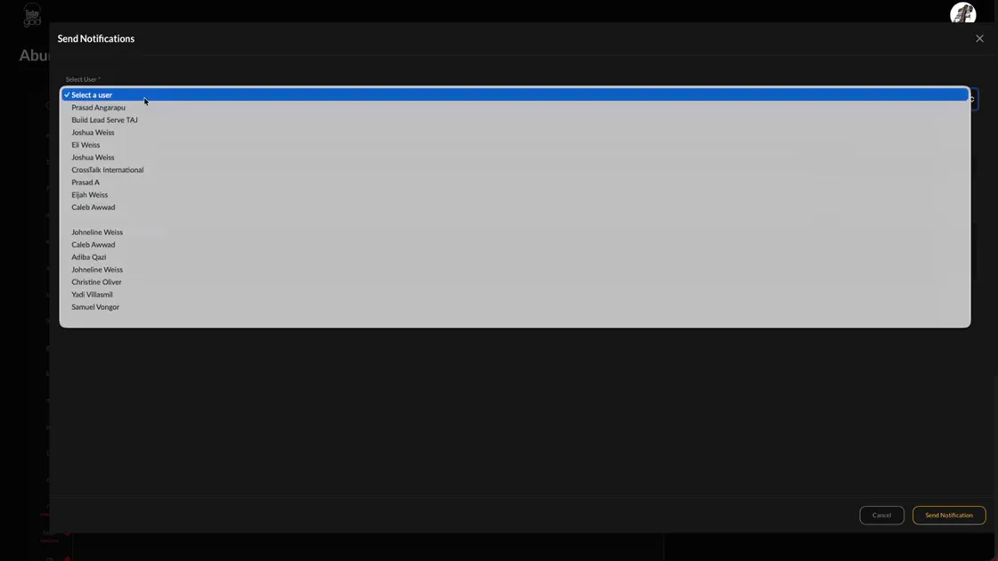 CMS training screen for Send notifications