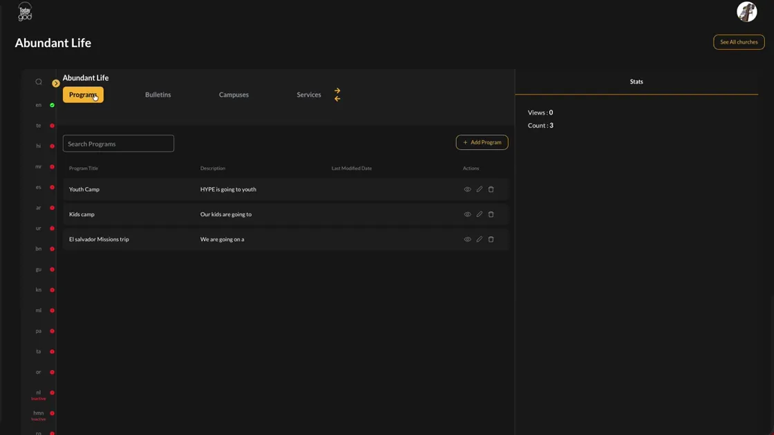 CMS training screen for Add programs, events, and announcements