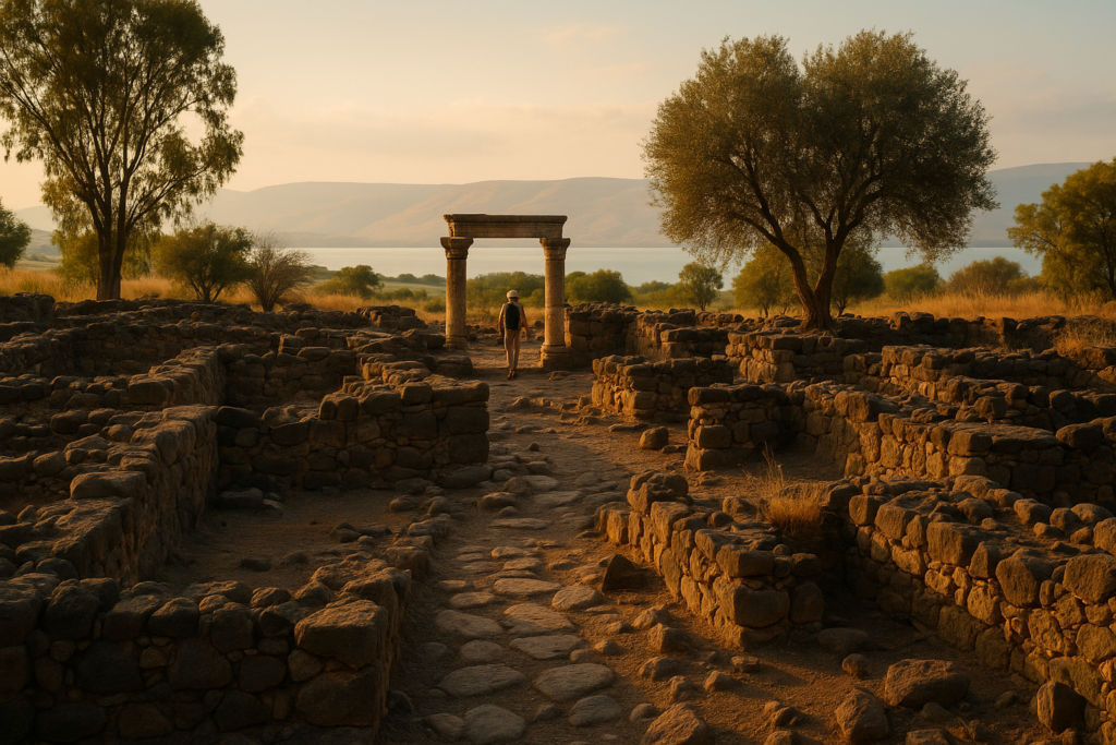 Ruins of the ancient fishing village of Bethsaida overlooking the Sea of Galilee with a peaceful shoreline and blue water