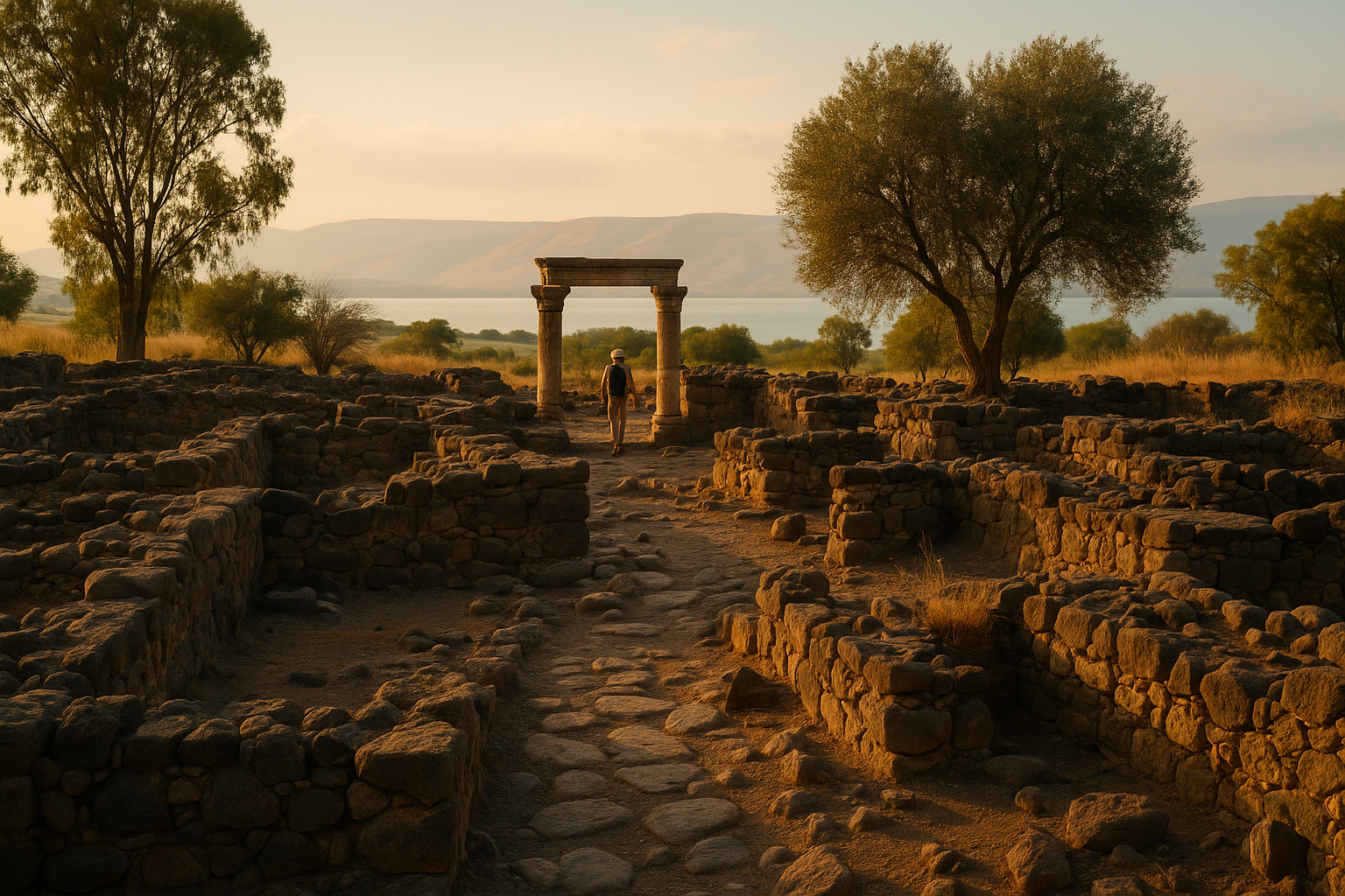 Ruins of the ancient fishing village of Bethsaida overlooking the Sea of Galilee with a peaceful shoreline and blue water