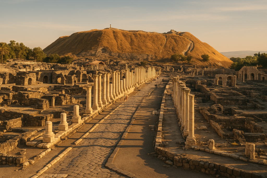 Ancient ruins of Bet Shean with rolling hills in the background, showcasing the biblical landscape where King Saul’s story unfolded
