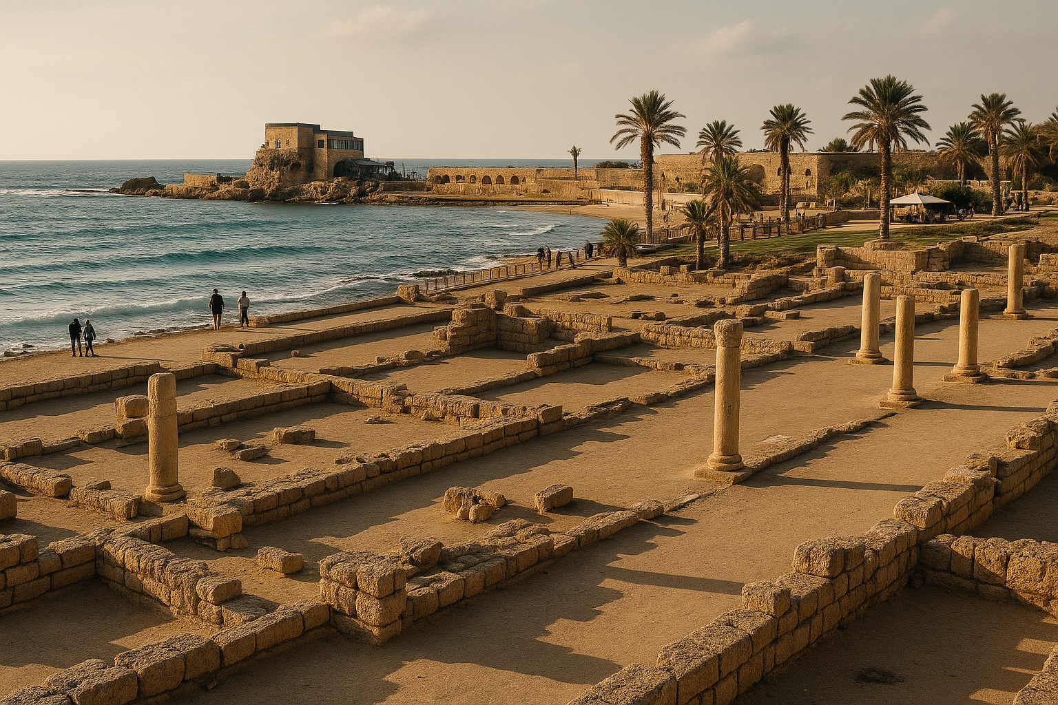 Panoramic view of the ancient Roman harbor and ruins at Caesarea Maritima overlooking the Mediterranean Sea