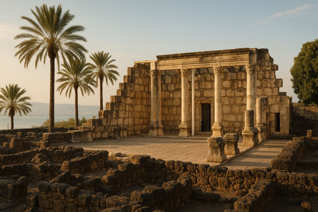Ancient ruins of Capernaum with the reconstructed synagogue and the Sea of Galilee in the background