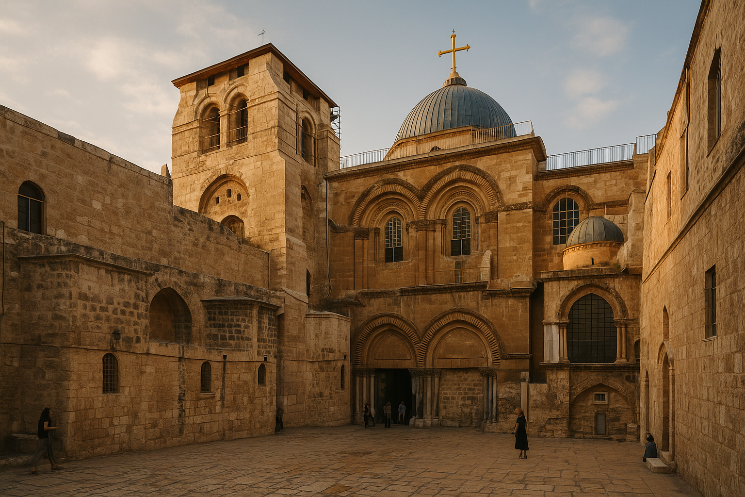 Interior view of the Church of the Holy Sepulchre in Jerusalem with pilgrims gathered around the Stone of Anointing