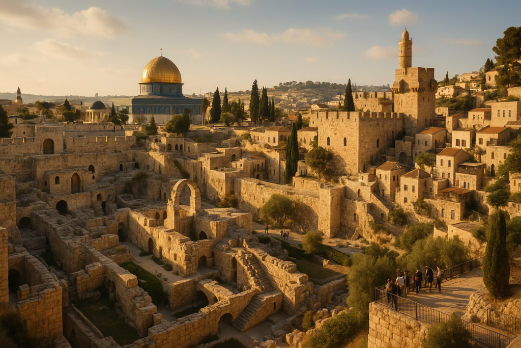 Ancient stone walls and archaeological ruins of the City of David in Jerusalem under a blue sky