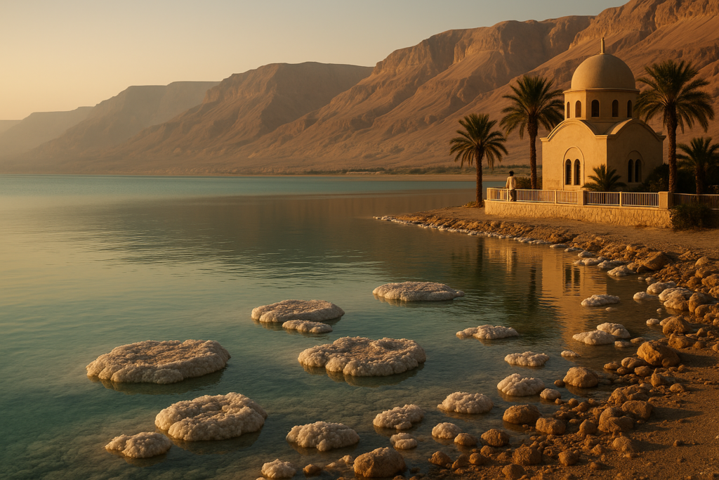 View of the Dead Sea’s calm, salty waters with surrounding arid mountains under a clear sky