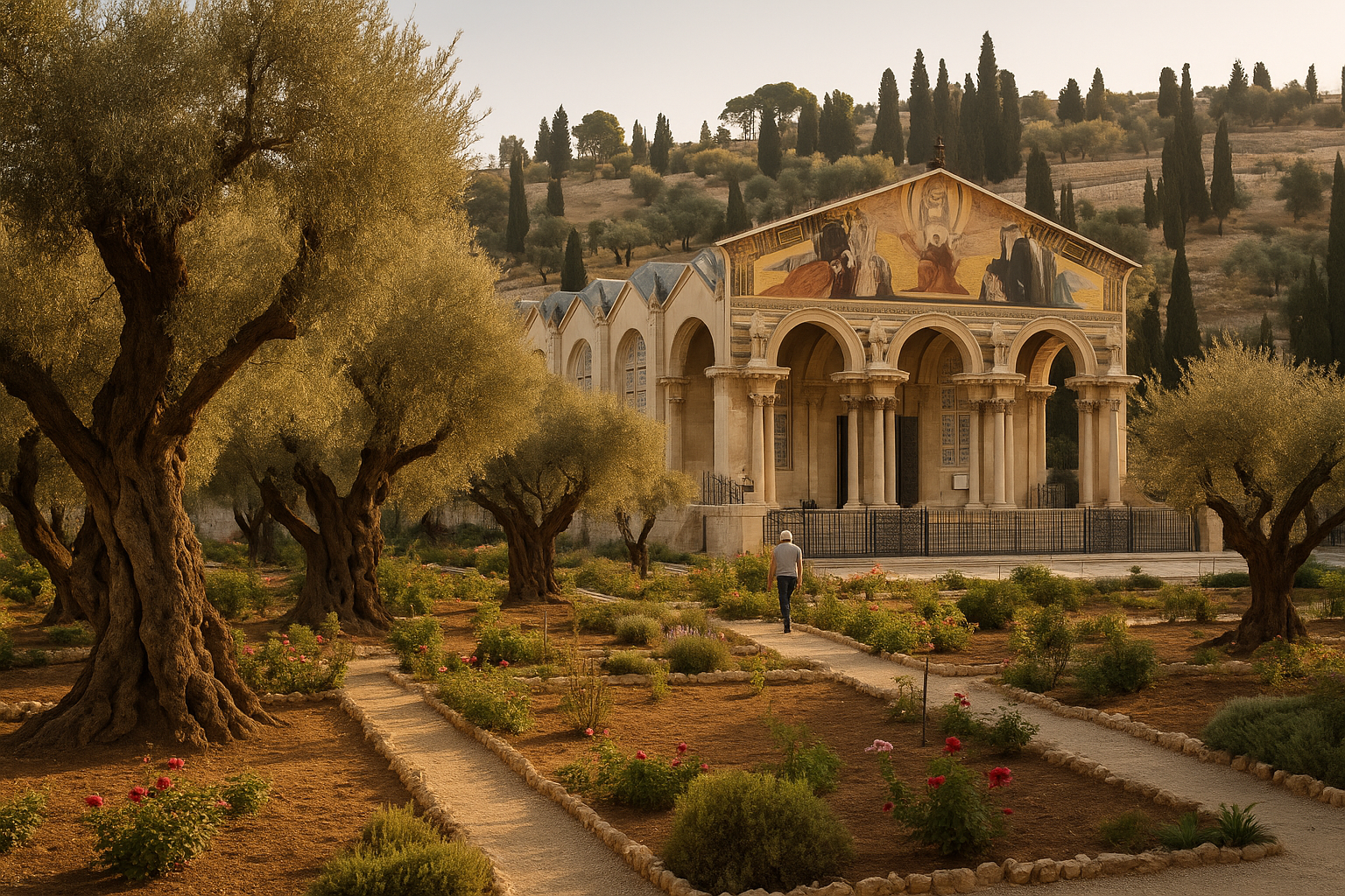 Ancient olive trees in the Garden of Gethsemane with a peaceful pathway inviting reflection