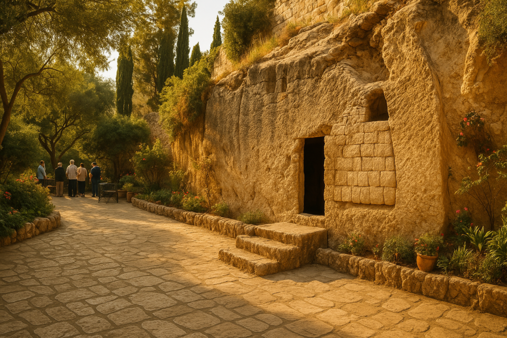 The peaceful Garden Tomb site outside Jerusalem’s Old City with ancient stone walls and lush greenery