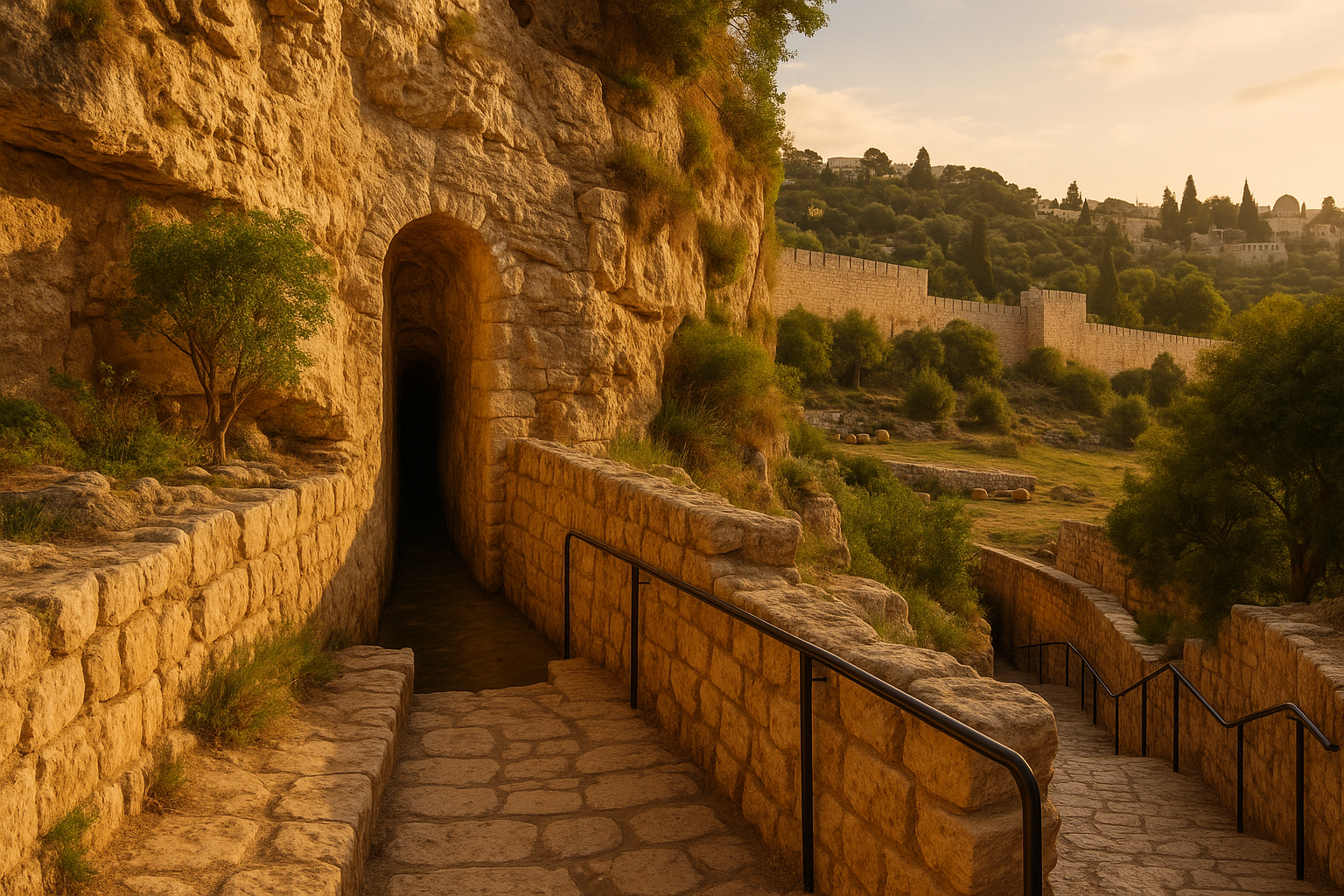 Entrance of Hezekiah’s Tunnel carved through ancient rock in Jerusalem