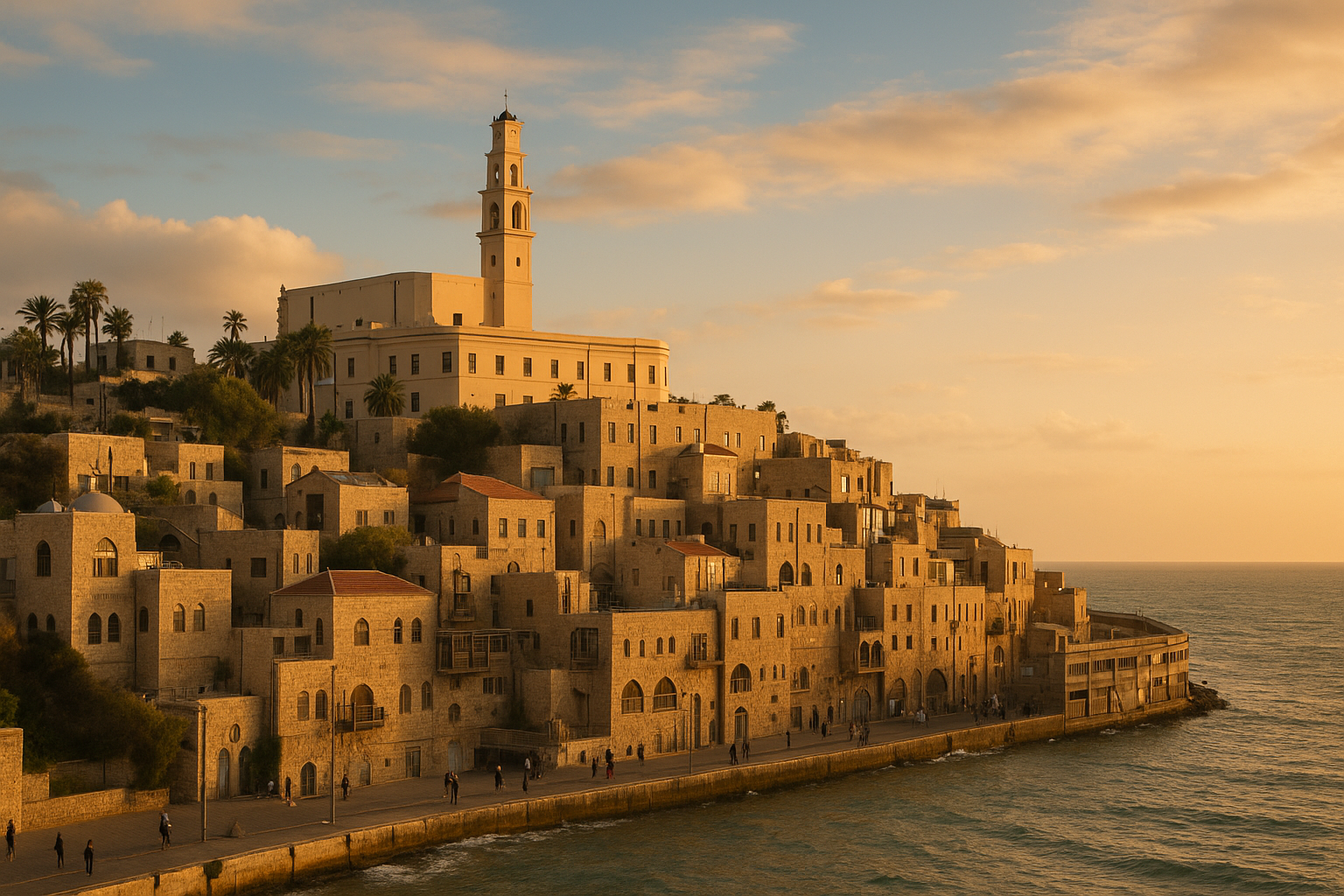 View of the ancient port of Jaffa with Mediterranean Sea in the background, highlighting the historic harbor area.