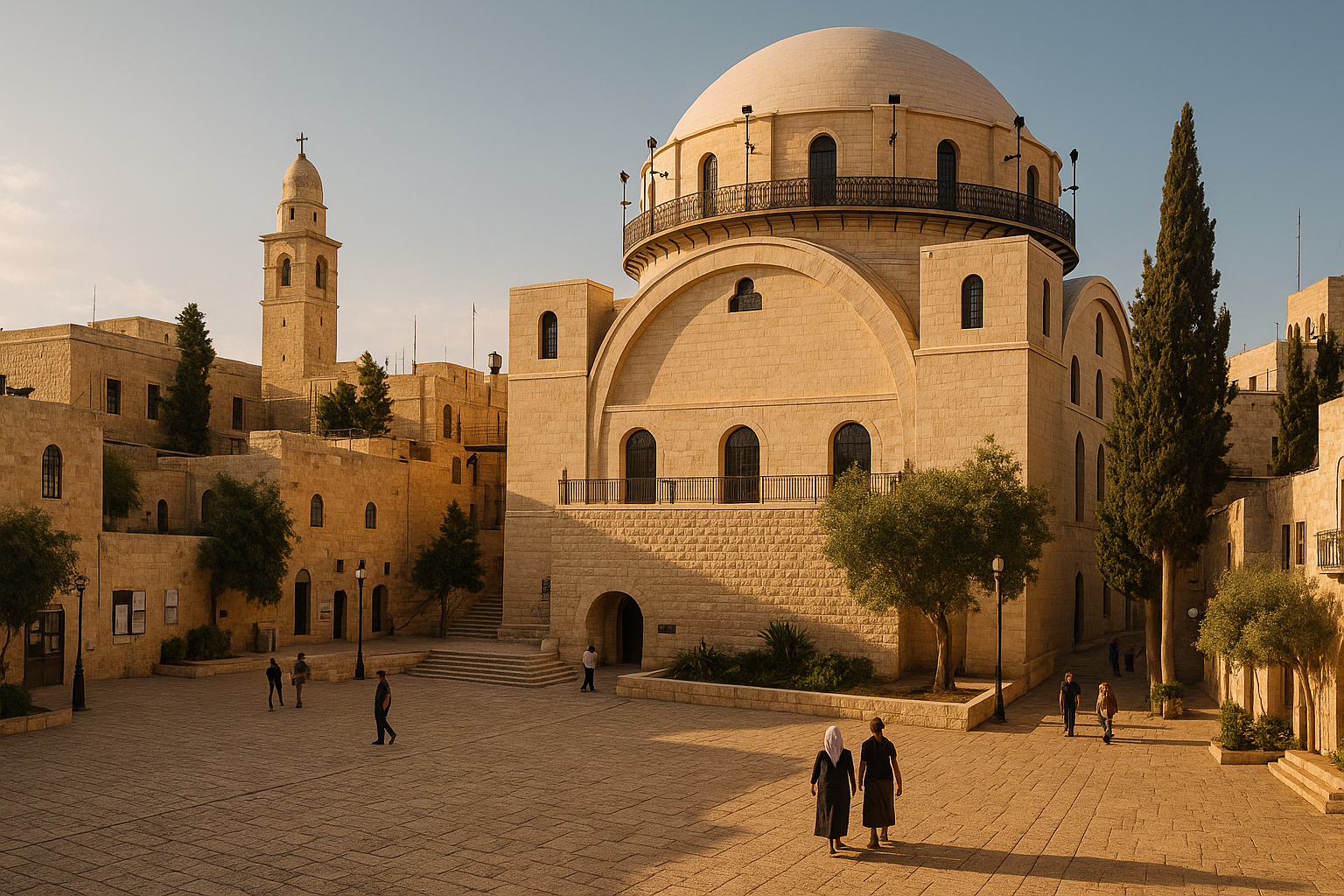 View of the ancient stone streets and historic buildings in Jerusalem’s Jewish Quarter, bustling with visitors exploring sacred sites.