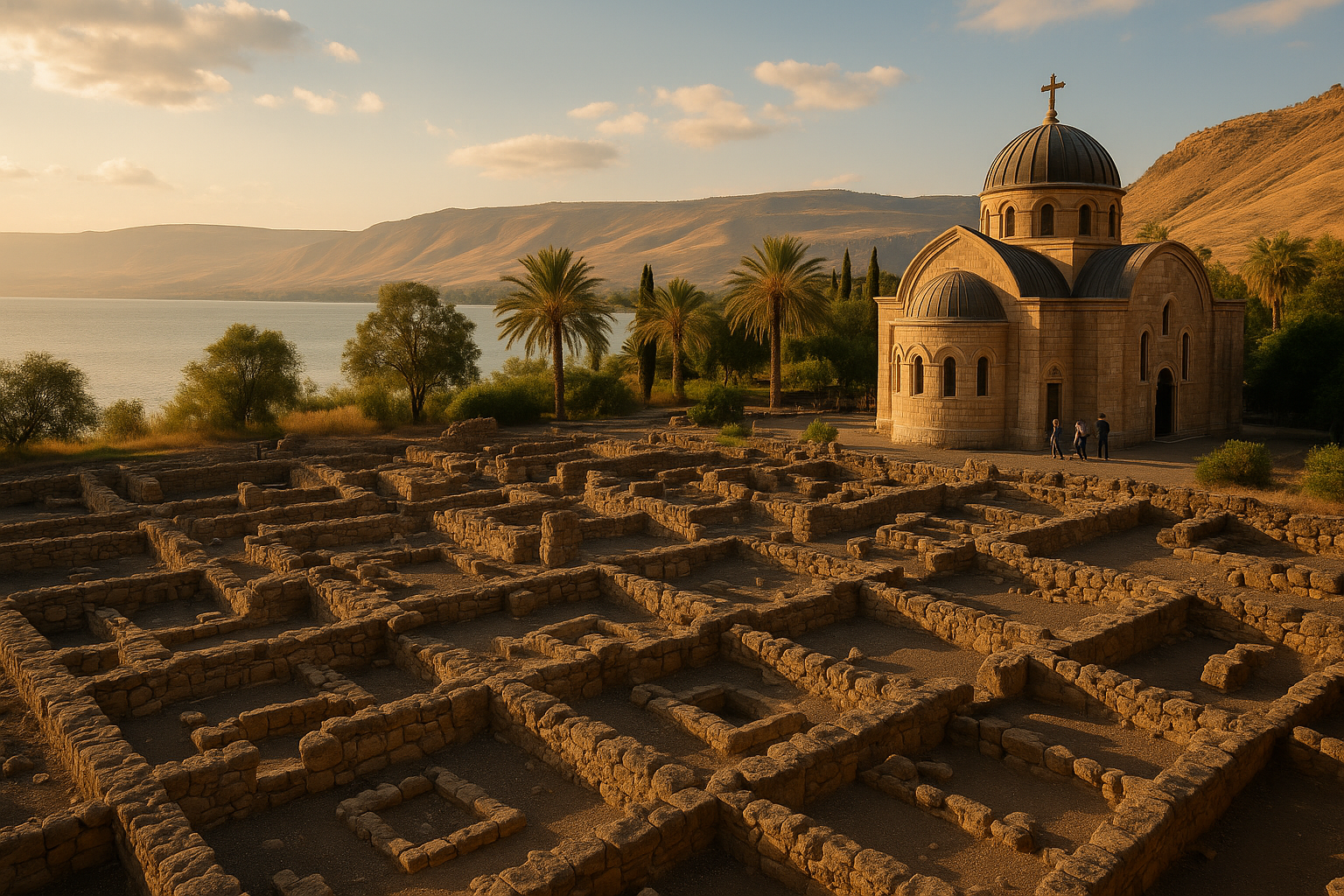 Archaeological ruins of ancient Magdala with the Sea of Galilee in the background