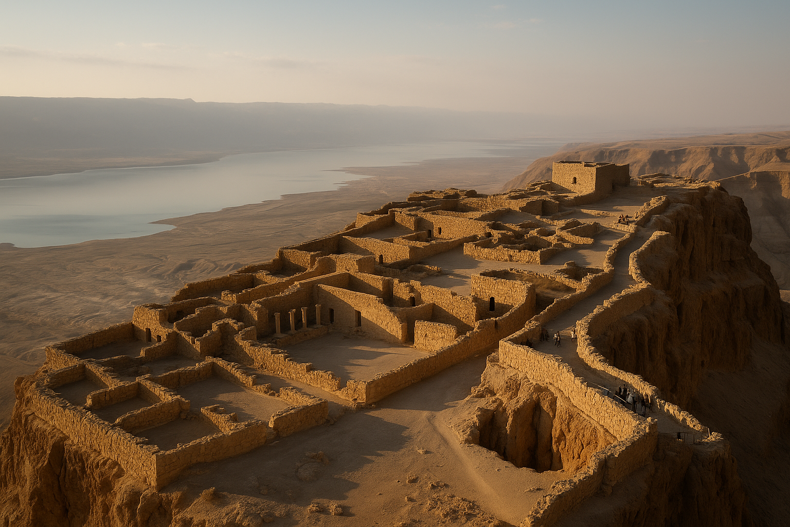 Panoramic view of Masada fortress overlooking the Dead Sea with clear blue sky