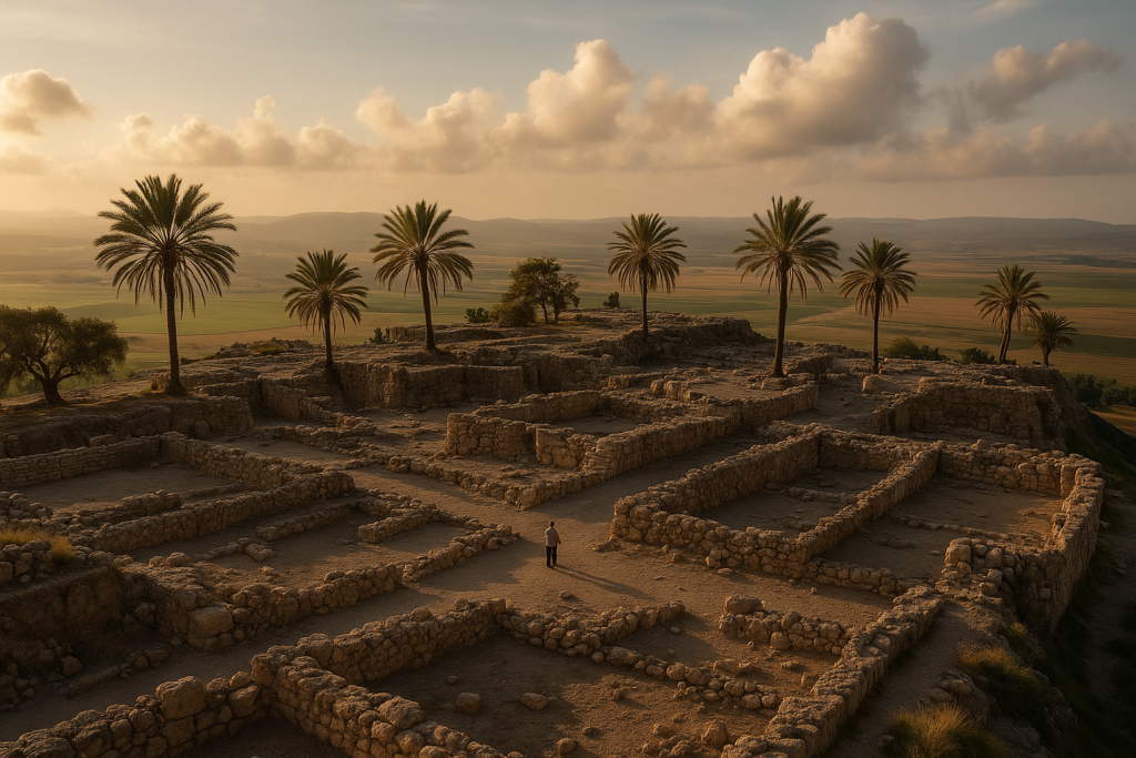 Ancient ruins of the fortress city of Megiddo overlooking the Jezreel Valley in Israel