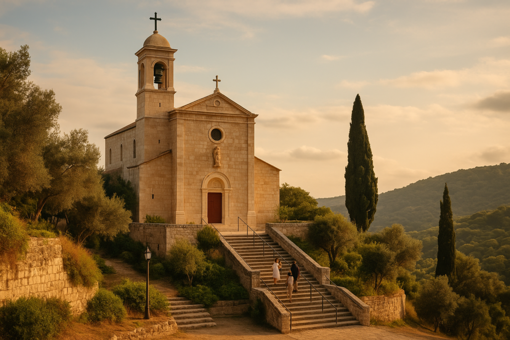 Scenic view from Mount Carmel overlooking the Mediterranean Sea with lush greenery and clear skies