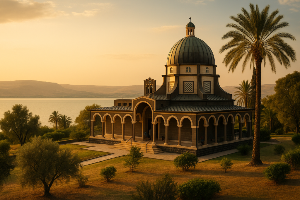 View of the Mount of Beatitudes hillside overlooking the Sea of Galilee with a chapel and peaceful greenery