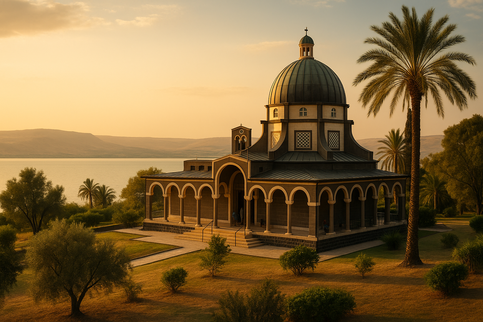 View of the Mount of Beatitudes hillside overlooking the Sea of Galilee with a chapel and peaceful greenery