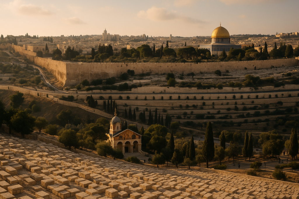 Panoramic view of Jerusalem from the Mount of Olives with ancient olive trees and the city skyline in the background