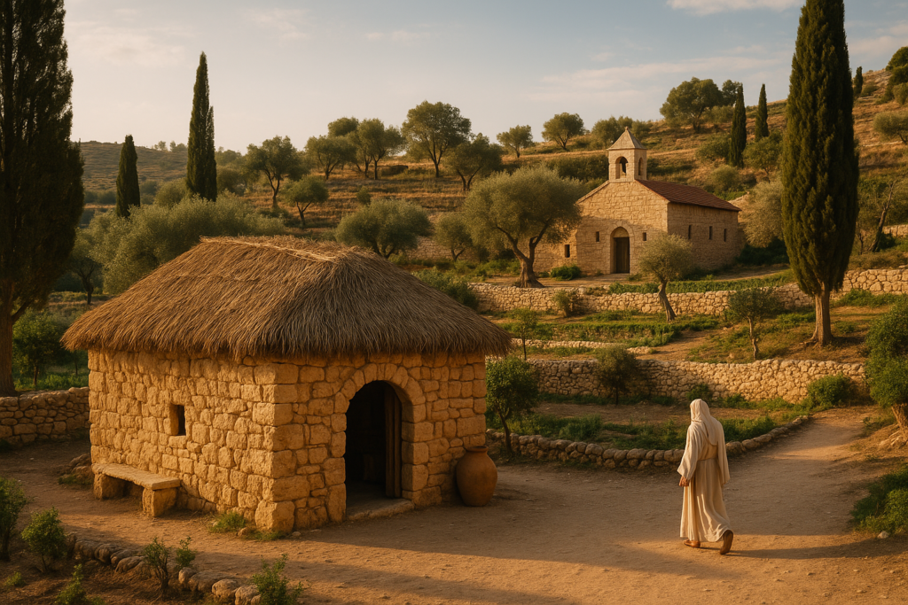 Reconstructed first-century Galilean village at Nazareth Village with visitors exploring traditional carpenter’s workshop and marketplace
