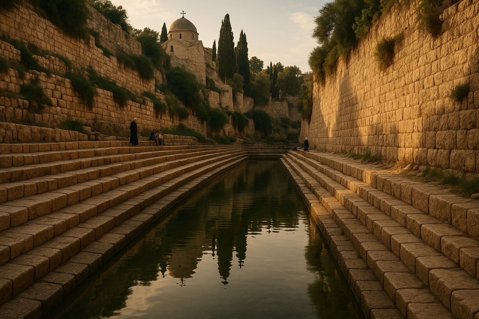 Ancient Pool of Siloam in Jerusalem with surrounding archaeological remains and visitors reflecting on the biblical miracle
