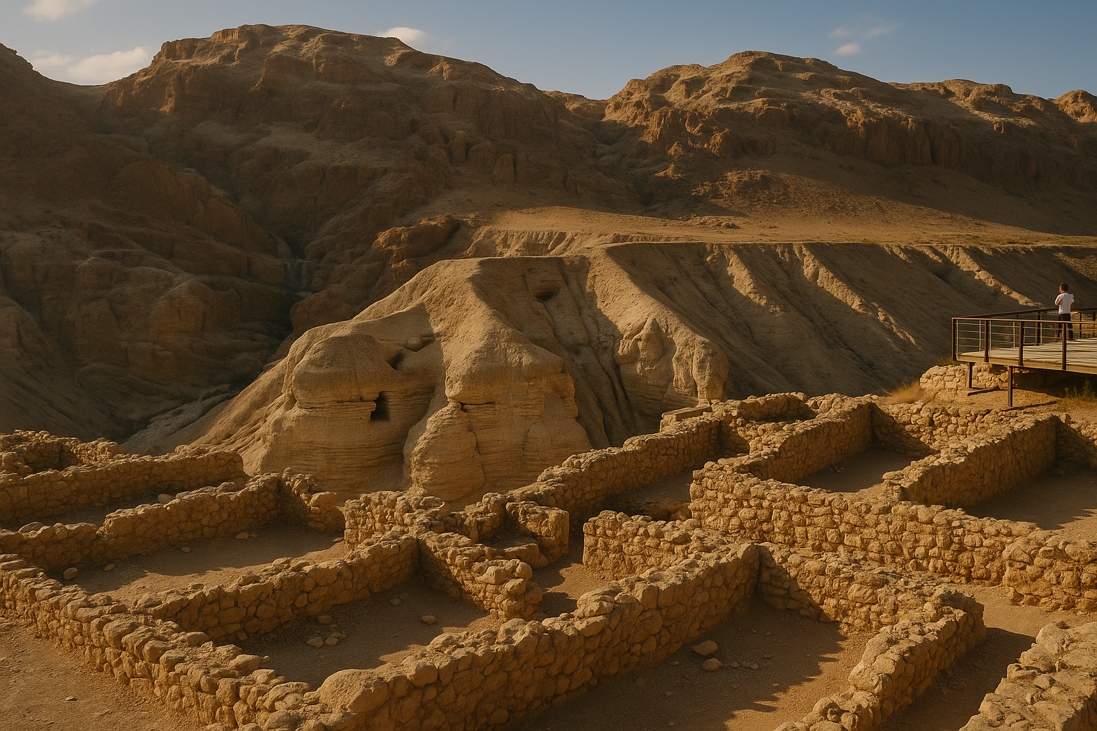 Ruins of the ancient Qumran settlement near the Dead Sea with a clear sky backdrop