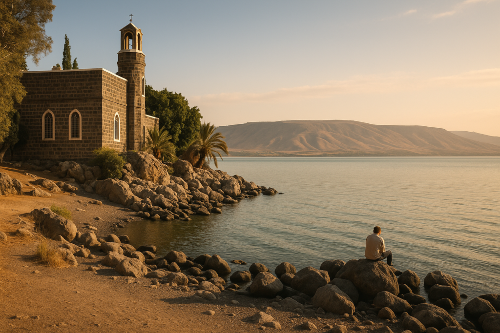 Calm waters of the Sea of Galilee with a fishing boat and distant hills under a peaceful sky