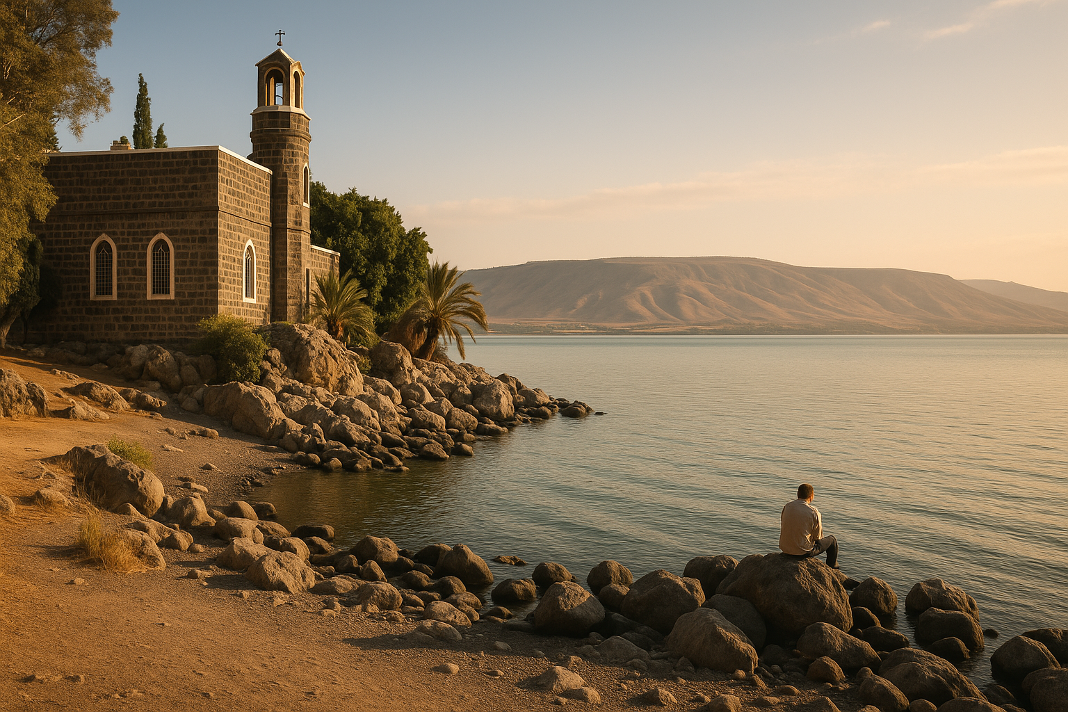 Calm waters of the Sea of Galilee with a fishing boat and distant hills under a peaceful sky