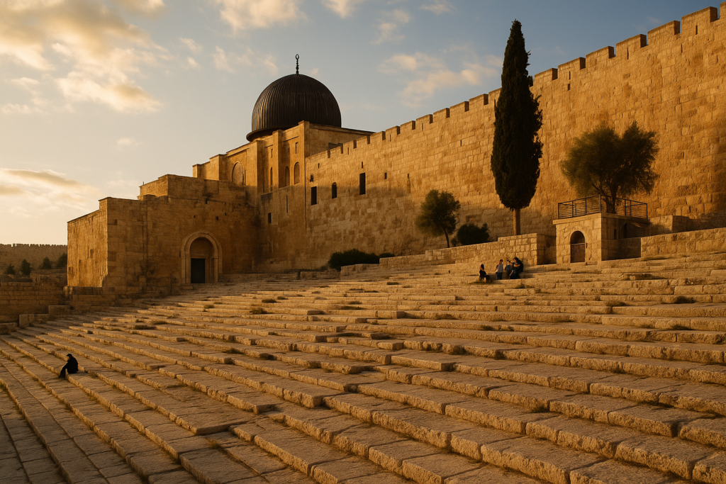 Wide ancient stone steps leading to the Temple Mount, surrounded by visitors walking and reflecting