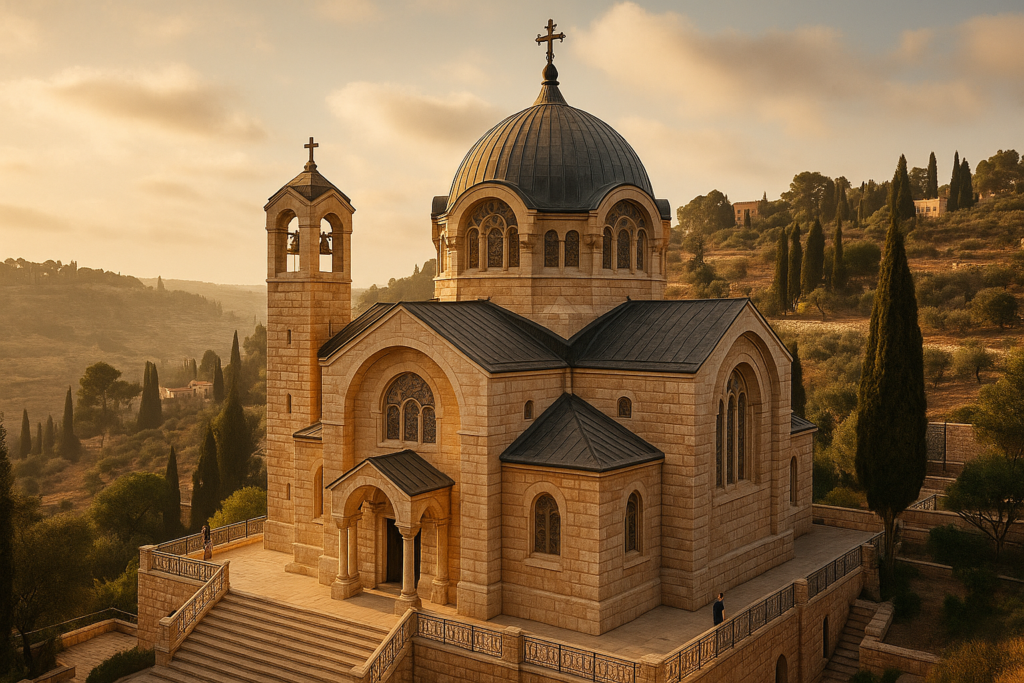 View of St. Peter in Gallicantu church on the Kidron Valley hillside, overlooking ancient underground chambers