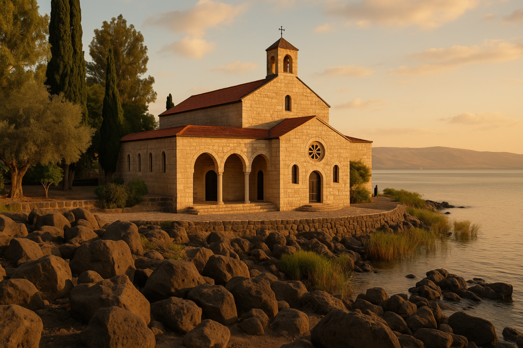 View of the Church of the Multiplication with its ancient mosaics at Tabgha on the Sea of Galilee shore
