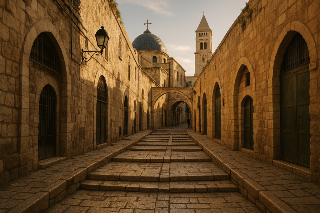Pilgrims walking the Via Dolorosa through Jerusalem’s narrow ancient streets with the cross visible in the distance