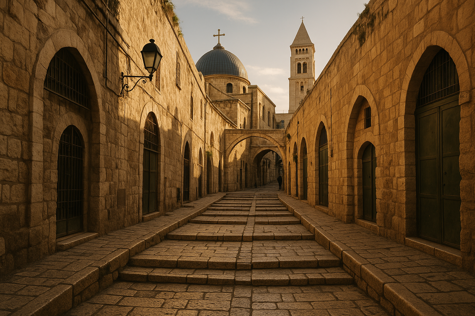 Pilgrims walking the Via Dolorosa through Jerusalem’s narrow ancient streets with the cross visible in the distance