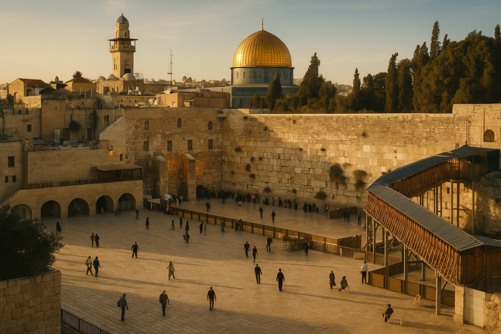Pilgrims praying at the Western Wall with prayer notes tucked into the ancient stones