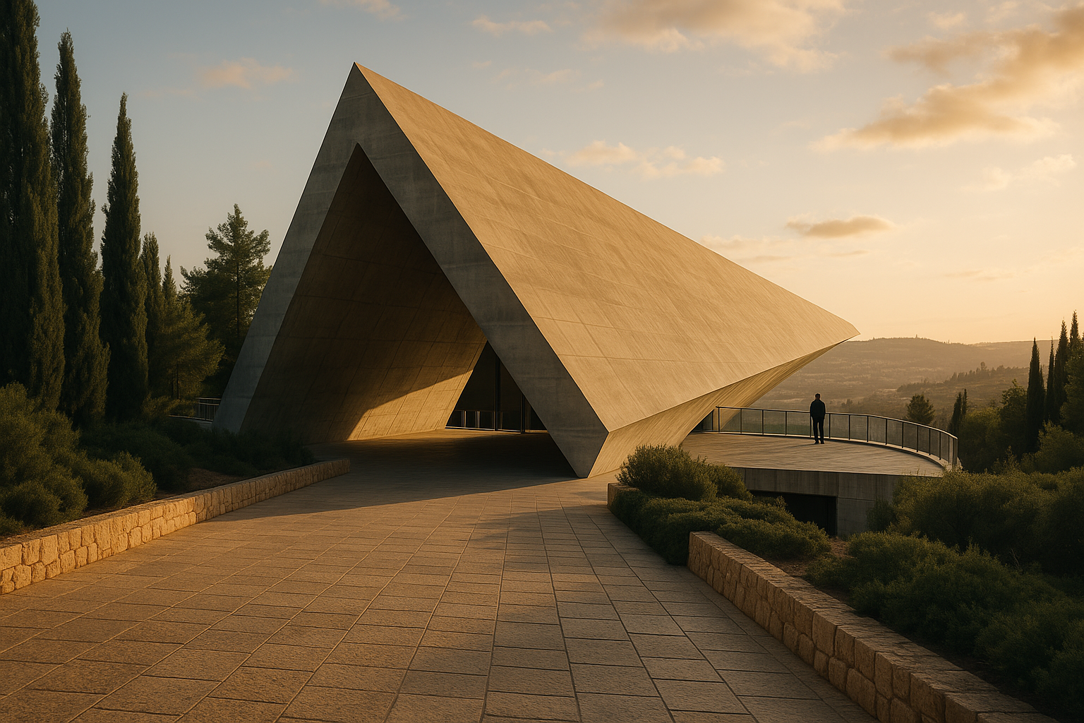 Yad Vashem memorial complex on the hills of Jerusalem with visitors walking near the main building