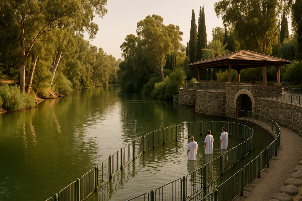 Peaceful view of the Jordan River at Yardenit with pilgrims gathered near the baptismal waters