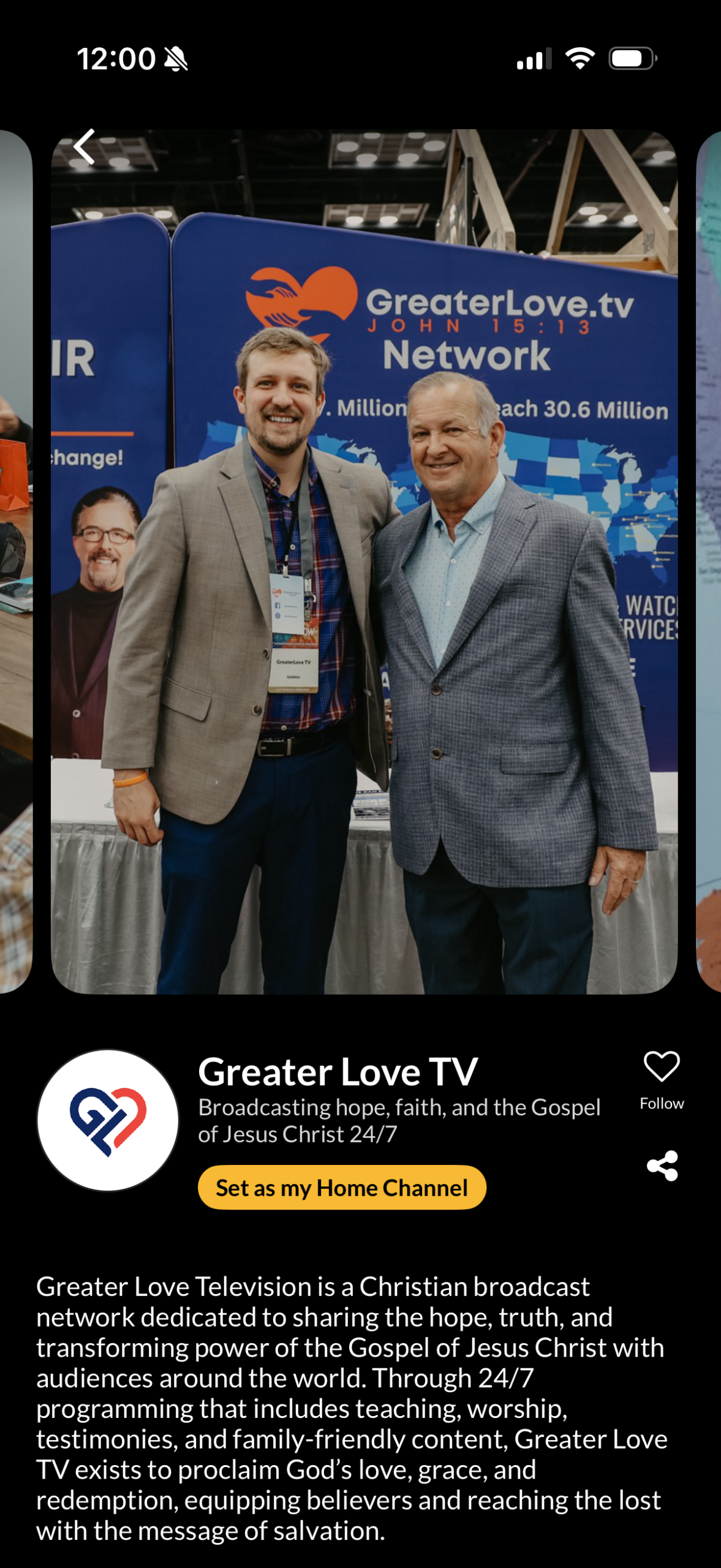 Channel on Today With God mobile